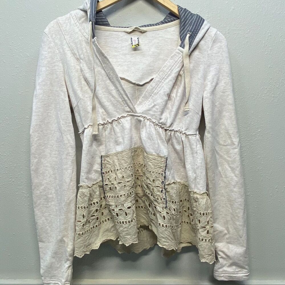 Free People Hoodie Top Small Beige Lace Trim Boho Peasant Style Long Sleeve